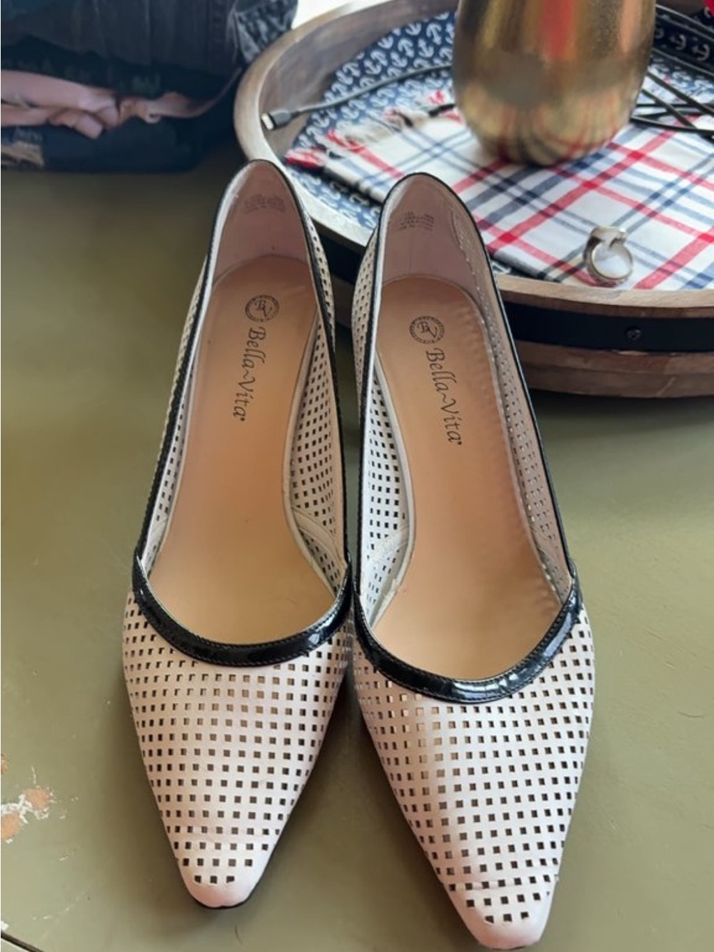 Bella Vita Women's Cream Perforated Pointed-Toe Flats with Black Trim